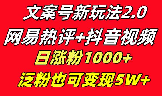 文案号新玩法 网易热评+抖音文案 一天涨粉1000+ 多种变现模式 泛粉也可变现聚合网创-网创项目资源站-副业项目-创业项目-搞钱项目聚合网创