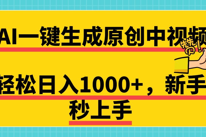 免费无限制，AI一键生成原创中视频，新手小白轻松日入1000+，超简单，可矩阵，可发全平台聚合网创-网创项目资源站-副业项目-创业项目-搞钱项目聚合网创