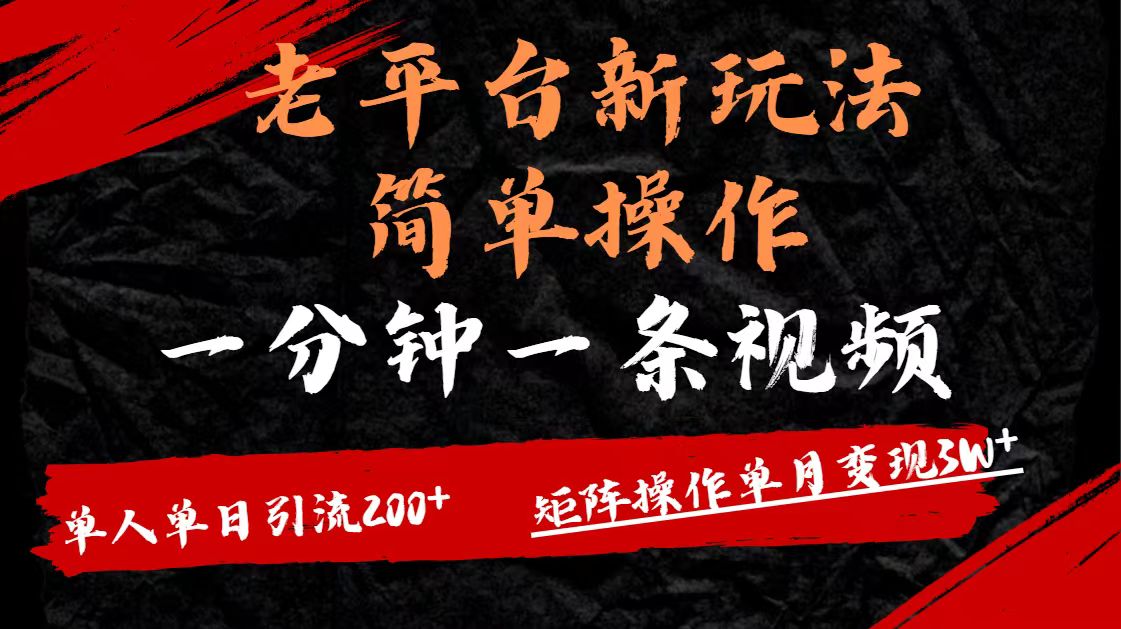 老平台，新玩法，简单操作，一分钟一条视频，单人单人引流200+矩阵操作，单月变现3W聚合网创-网创项目资源站-副业项目-创业项目-搞钱项目聚合网创