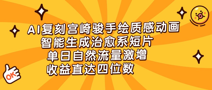 AI复刻宫崎骏手绘质感动画，智能生成治愈系短片，单日自然流量激增，收益直达四位数聚合网创-网创项目资源站-副业项目-创业项目-搞钱项目聚合网创
